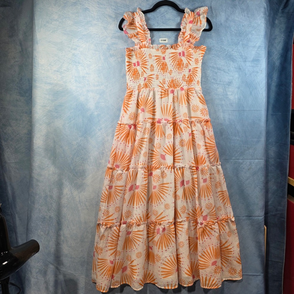 J.Marie Smocked Tiered Maxi Dress Small Orange Pink Floral Sunburst Ruffle Strap